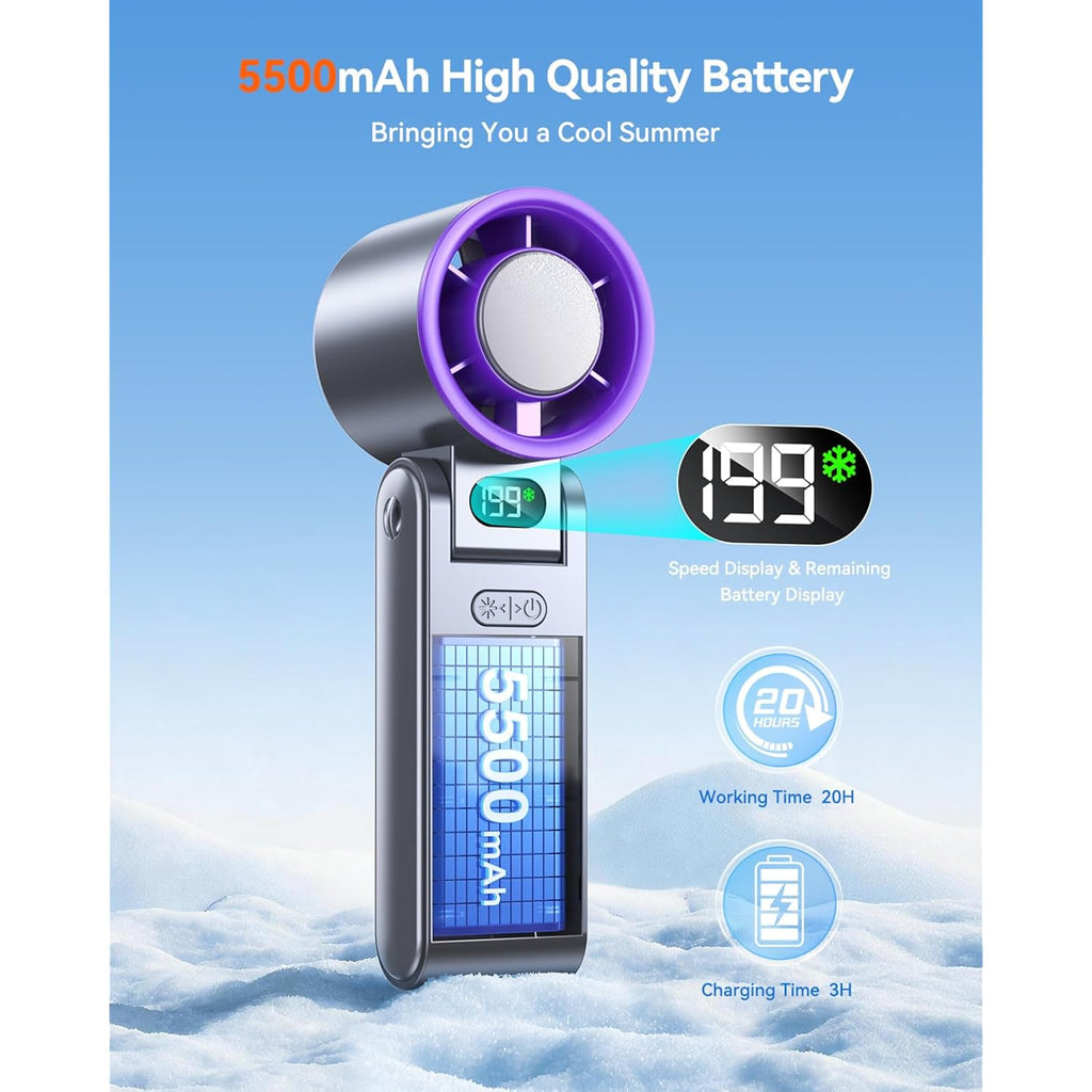 Portable Handheld Fan With Ice Cooler, 199 Speed Personal Fan,5500Mah Rechargeable,20H Cooling Time,20000 Rpm Powerful Motor, Summer Essential For Travel/Outdoor/Office, Grey Purple