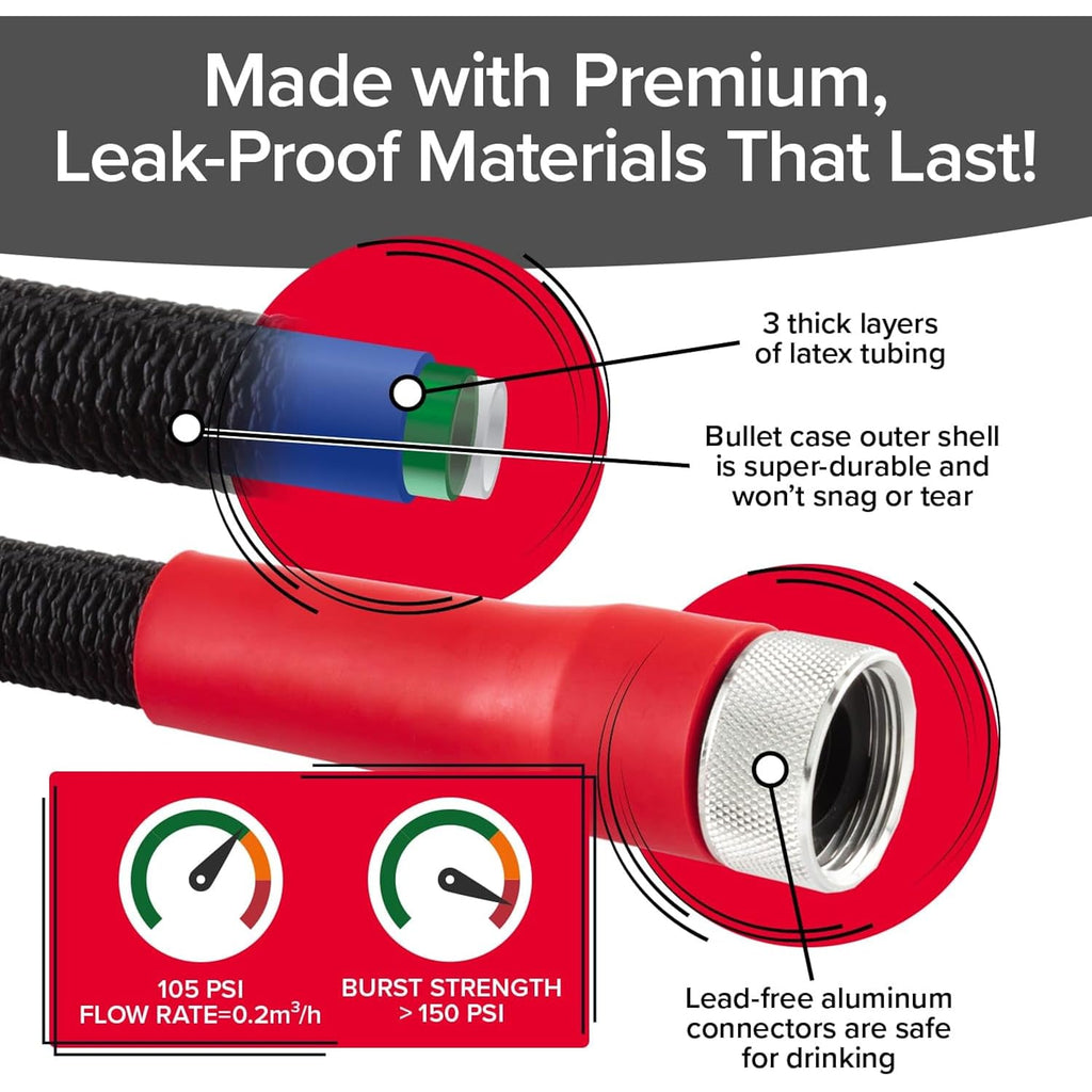 Pocket Hose 50 Ft Silver Bullet 2.0 Expandable Garden Hose W/Turbo Shot Nozzle, As Seen On Tv, Lead-Free, Solid Aluminum Connectors, Easy On/Off Valve, Kink-Free, Leak-Proof