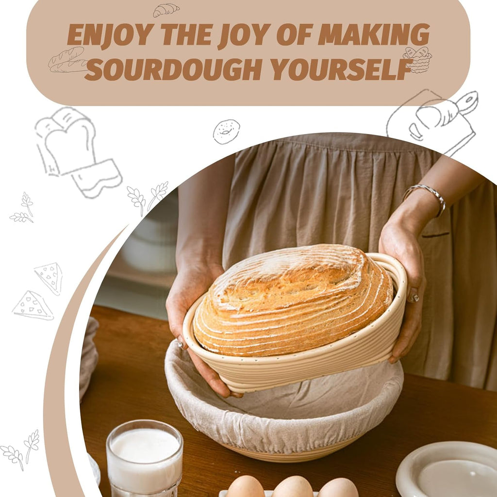 Sourdough Proofing Basket Gift Set, 9" Round And 10" Oval Banneton Bread Baking Supplies, Sourdough Baskets With Bread Lame, Danish Whish, Bowl Scraper, Sourdough Scraper, And Linen Liner