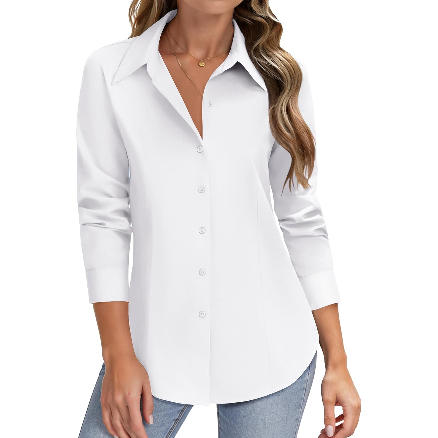 Women Button Down Shirts Long Sleeve Stain Shield Dress Shirts Slim fit Work Blouses Office Business Tops