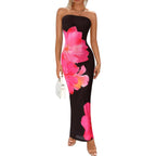 Prettygarden Women Summer Strapless Maxi Dress Bodycon Floral Sexy Long Wedding Guest Dress Formal Tube Mesh Cocktail Dresses