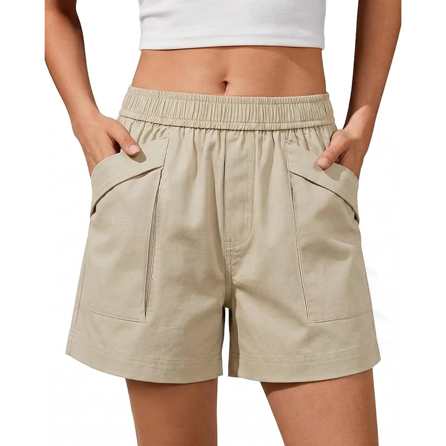 Shorts for Women Casual Cotton Wide Leg Elastic Waist Flowy Shorts with 4 Pockets Summer Beach Vacation Outfits