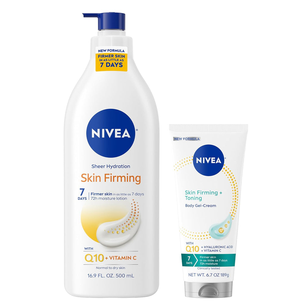 Nivea Sheer Hydration Skin Firming Body Lotion (16.9 Fl Oz) Skin Firming And Toning Body Gel Cream With Hyaluronic Acid (6.7 Oz), Skincare Enriched With Q10 And Vitamin C Multipack Of 2