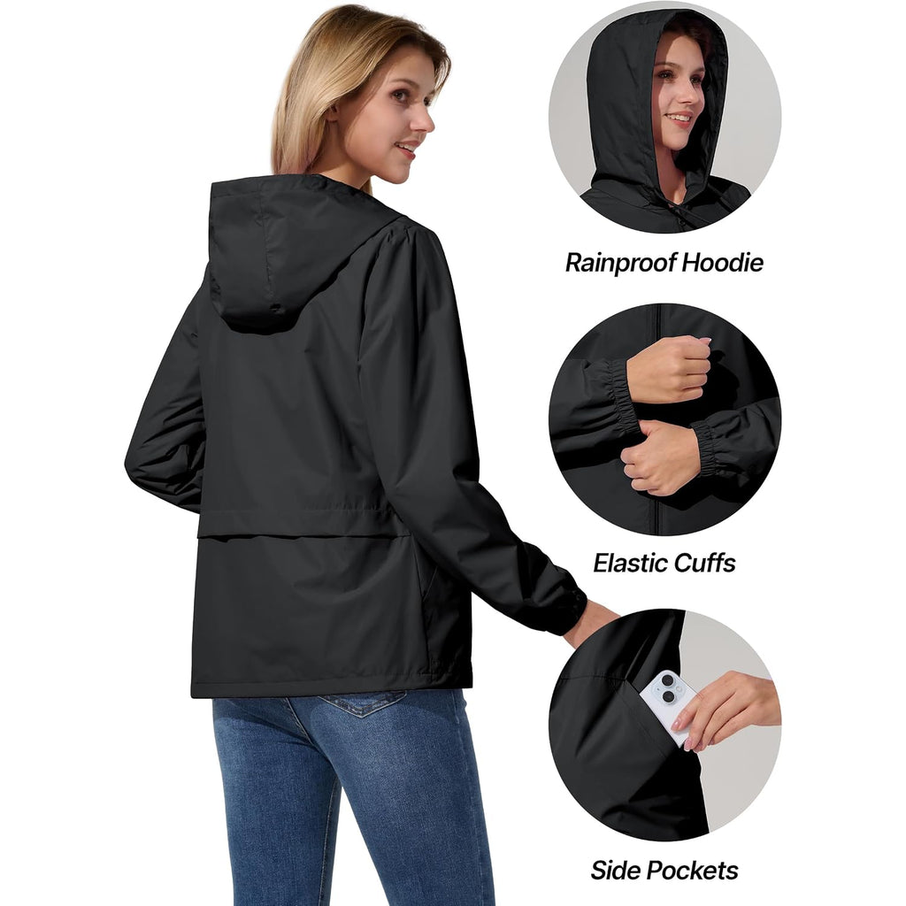 Womens Rain Jacket Lightweight Windbreaker Waterproof Raincoat Cycling Running Hiking Gear Hood Packable