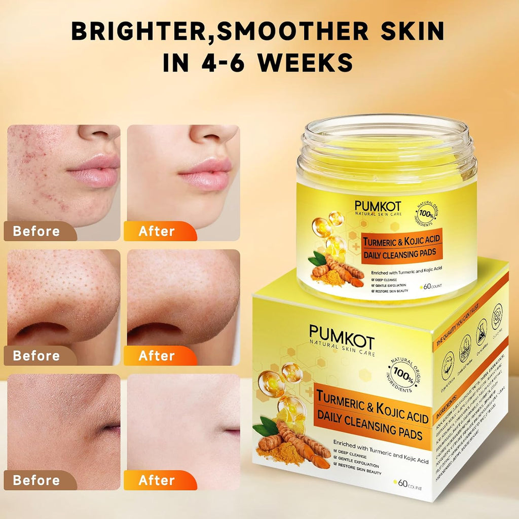 Pumkot Turmeric Kojic Acid Cleansing Pads, Turmeric Face Scrub Pads Enriched With Kojic Acid, 60Pcs