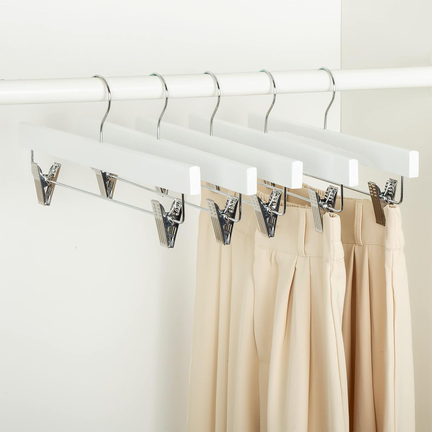 Amazon Basics Durable Wooden Pants And Skirt Hangers With Clips, Closet Organizer, White, 10-Pack