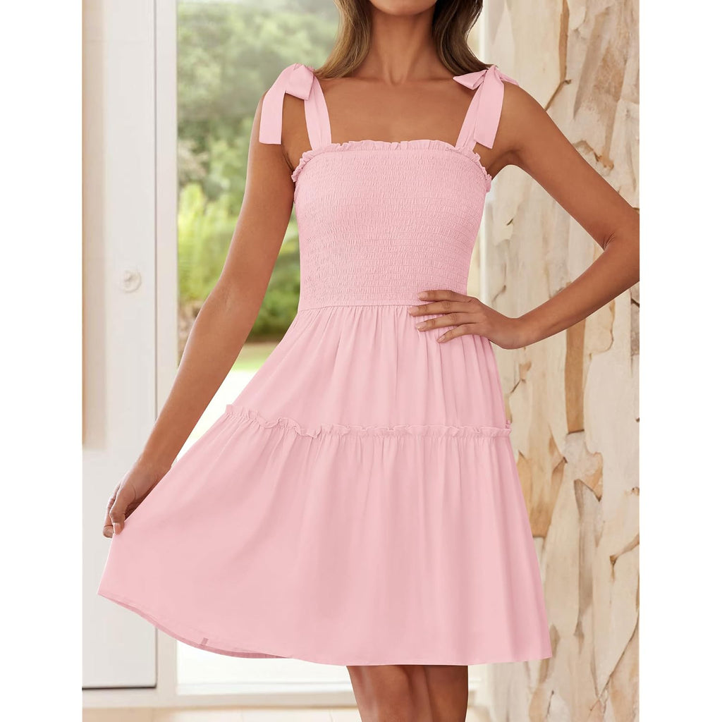 Zesica Women'S 2026 Summer Spaghetti Strap Sleeveless Square Neck Ruffle A Line Swing Mini Dress