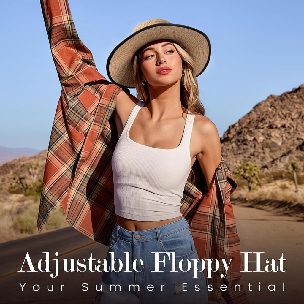 Beach Sun Straw Hats for Women, UPF 50+ UV Sun Protection Wide Brim Summer Straw Hat Foldable Packable Roll up Cap
