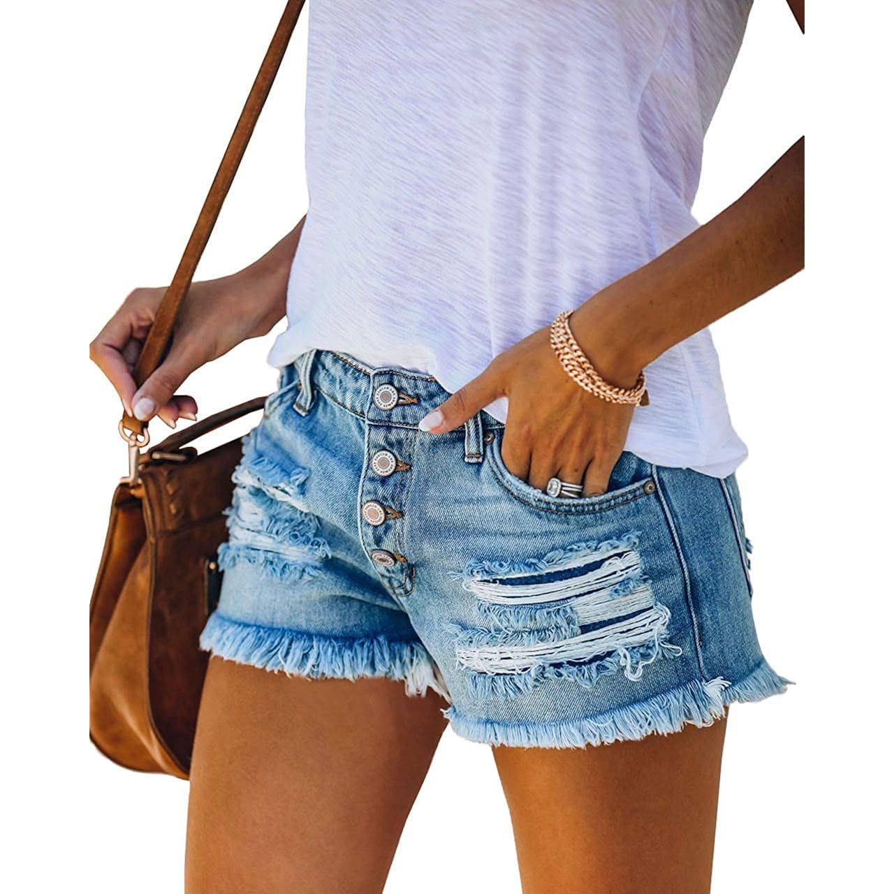 Women's Mid Rise Stretchy Ripped Denim Shorts Distressed Casual Summer Jean Shorts