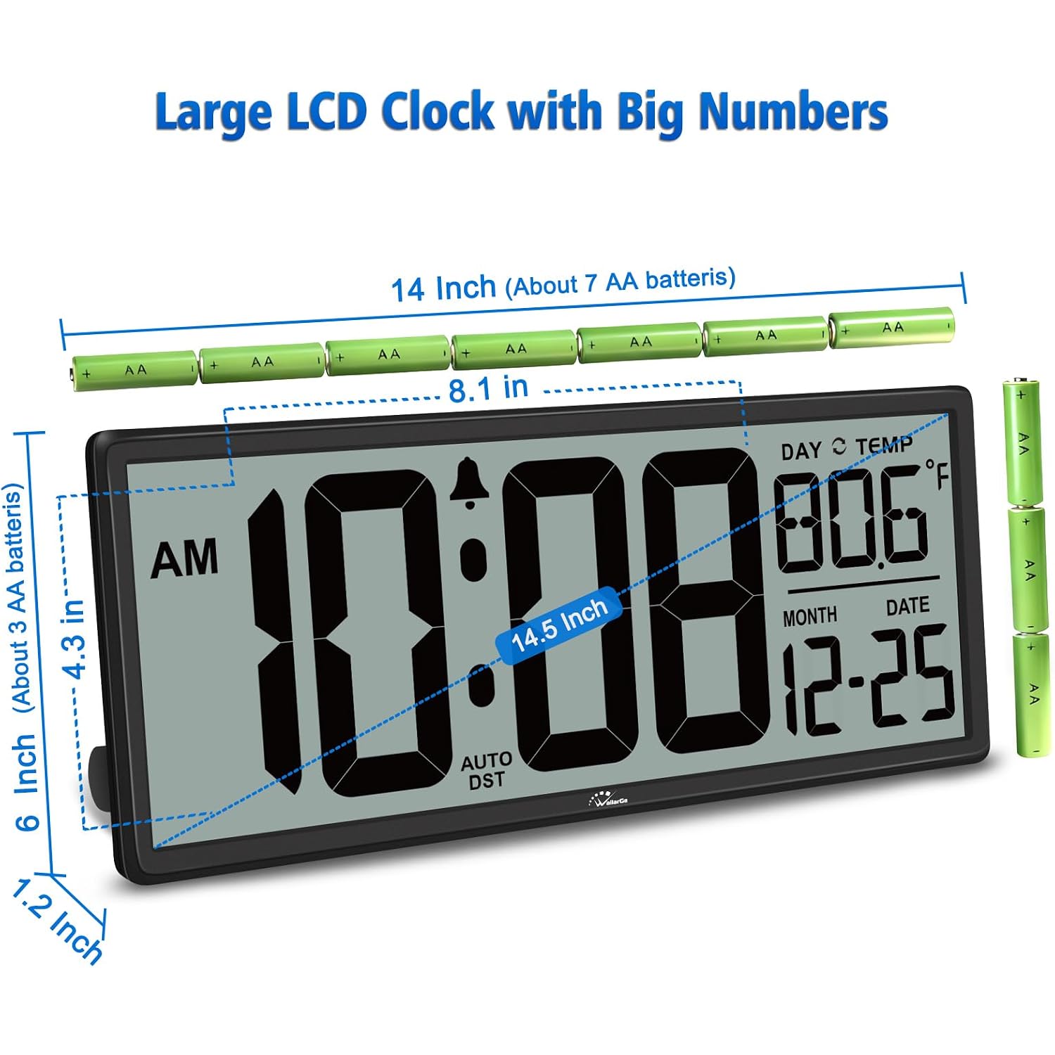 14.5'' Large Digital Wall Clock Battery Operated With Jumbo Numbers, Temperature And Date - Easy To Read And Set, Auto Dst