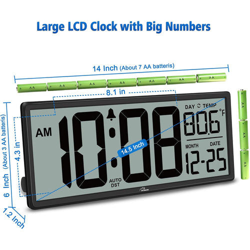14.5'' Large Digital Wall Clock Battery Operated With Jumbo Numbers, Temperature And Date - Easy To Read And Set, Auto Dst