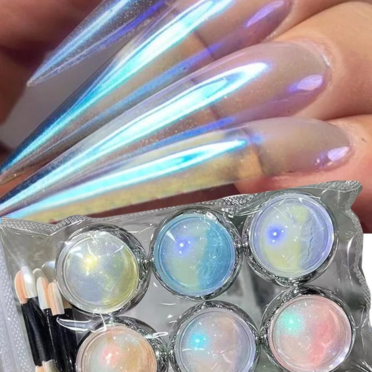 6 Jars Mermaid Chrome Nail Powder Aurora Nail Glitter Metallic Mirror Effect Pigment Iridescent Dust Nail Art Powder for Women Girls Nail Art Supplies Chrome Gel Nail Polish Nail Decoration