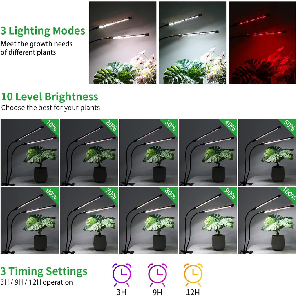 Grow Lights For Indoor Plants, Upgrade 84 Leds Clip Plant Lights, Full Spectrum Led Plant Growing Lamps With Flexible Gooseneck, 3/9/12H Timer, 3 Spectral Modes, 10 Dimmable Levels (2 Head 1 Pack)