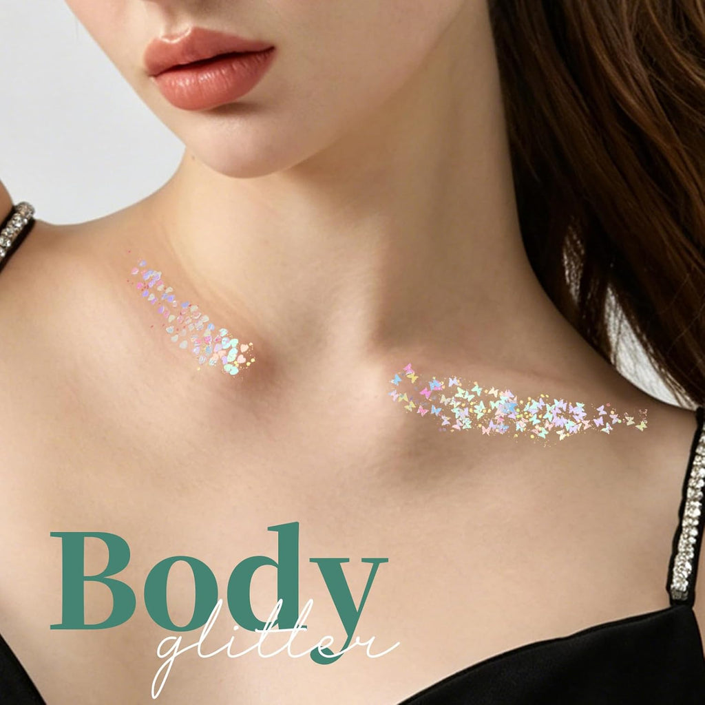 Teenitor Clear White Body Glitter Face Glitter Hair Glitter for Women, 9 Shapes Face, Body Hair Glitter Gel, Makeup Glitter for Concerts Music Festival Birthday Party Halloween