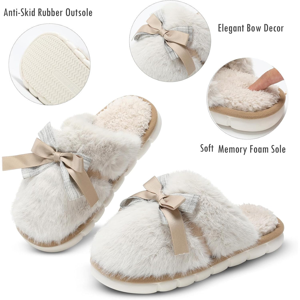 Cute Women'S Memory Foam House Slippers - Fuzzy Plush Faux Fur Slippers With Bow Butterfly Tie - Anti-Skid Indoor/Outdoor Gifts For Women, Moms & Ladies