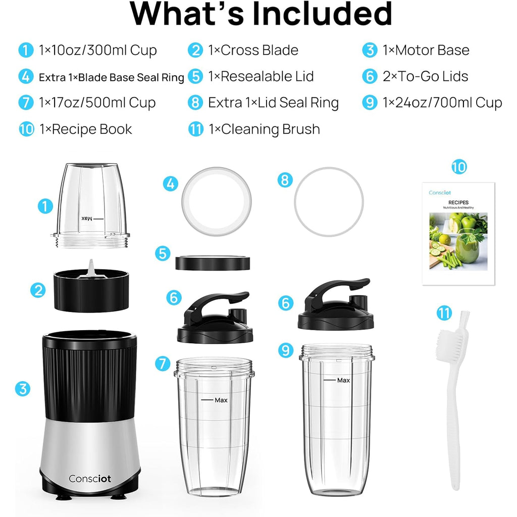 Consciot CB08 11-Piece Blender for Kitchen and Personal Size, Blend Shakes and Smoothies, Frozen Drinks, Baby Food, Spreads & More, 3 Portable To-Go Cups & 2 Spout Lids & 1 Solid Lid, 900 Peak Watts