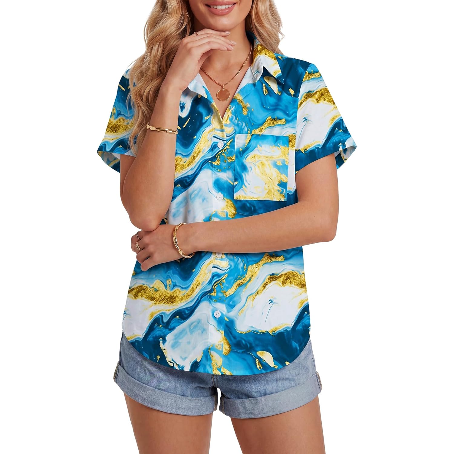 Women's Button Down Shirt V Neck Short Sleeve Blouse Business Casual Collared Summer Tops with Pocket
