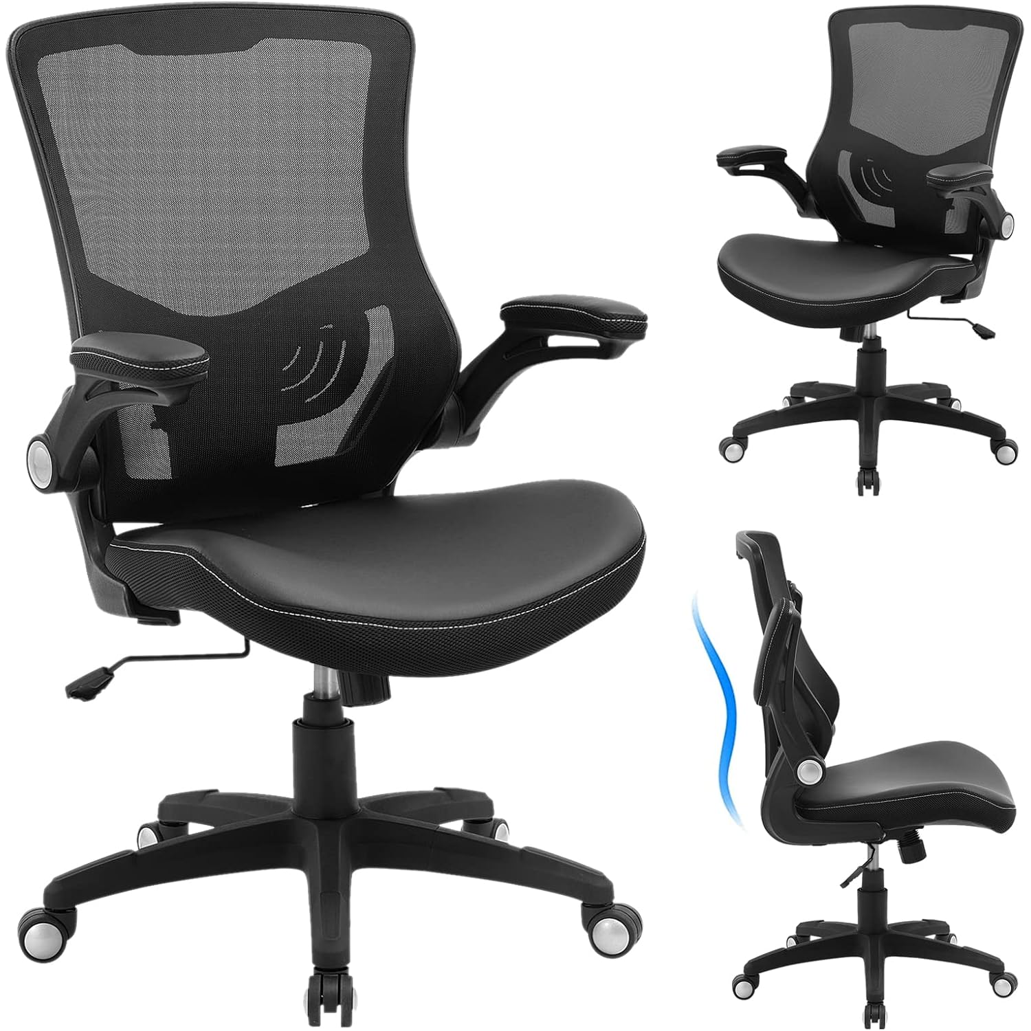 Office Chair Ergonomic Desk Chair, Computer Pu Leather Home Office Chair, Swivel Mesh Back Adjustable Lumbar Support Flip-Up Arms Executive Task Chair