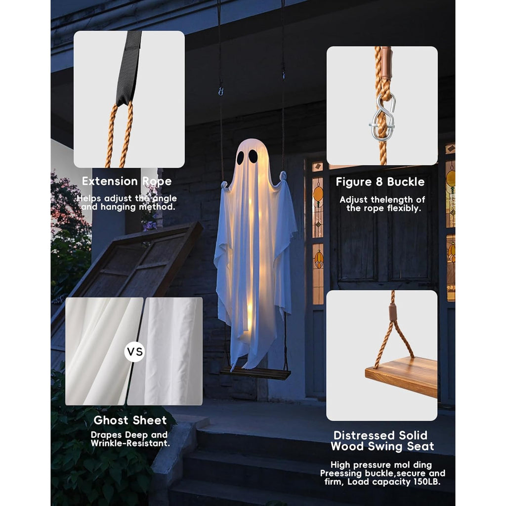 Halloween Decorations Outdoor - 5 Ft Large Hanging Swing Ghost Halloween Decor With String Lights, Spooky Cute Ghosts Decorations For Front Porch Yard Tree