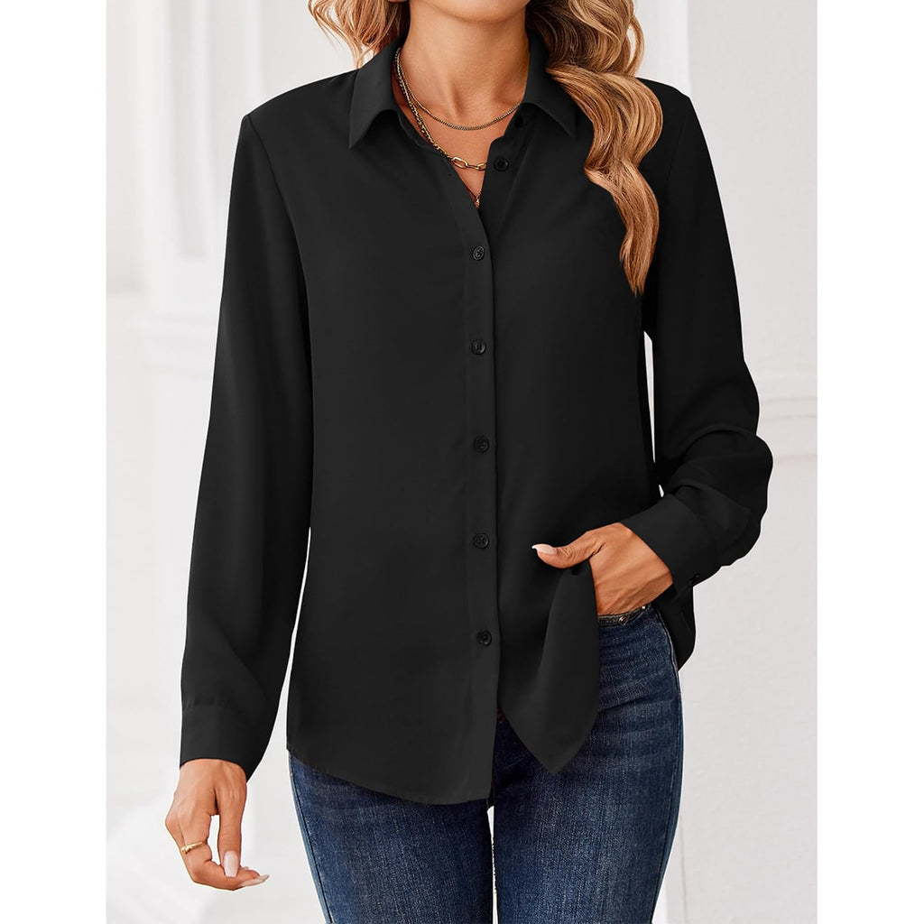 Zeagoo Women Blouses Chiffon Long Sleeve Button Down Shirts Business Causal Dressy Work Top V Neck Summer Spring Clothes