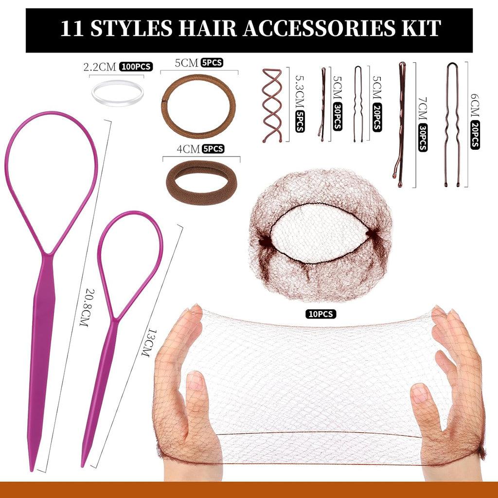 Teenitor Brown Bobby Pins Hair Pins Hair Net Kit, 11 Styles Bobby Pins For Women U Shaped Hair Pins, Hair Nets For Buns Spiral Pins, Hair Ties Hair Styling Tools For Women Girls Dance Ballet Brown