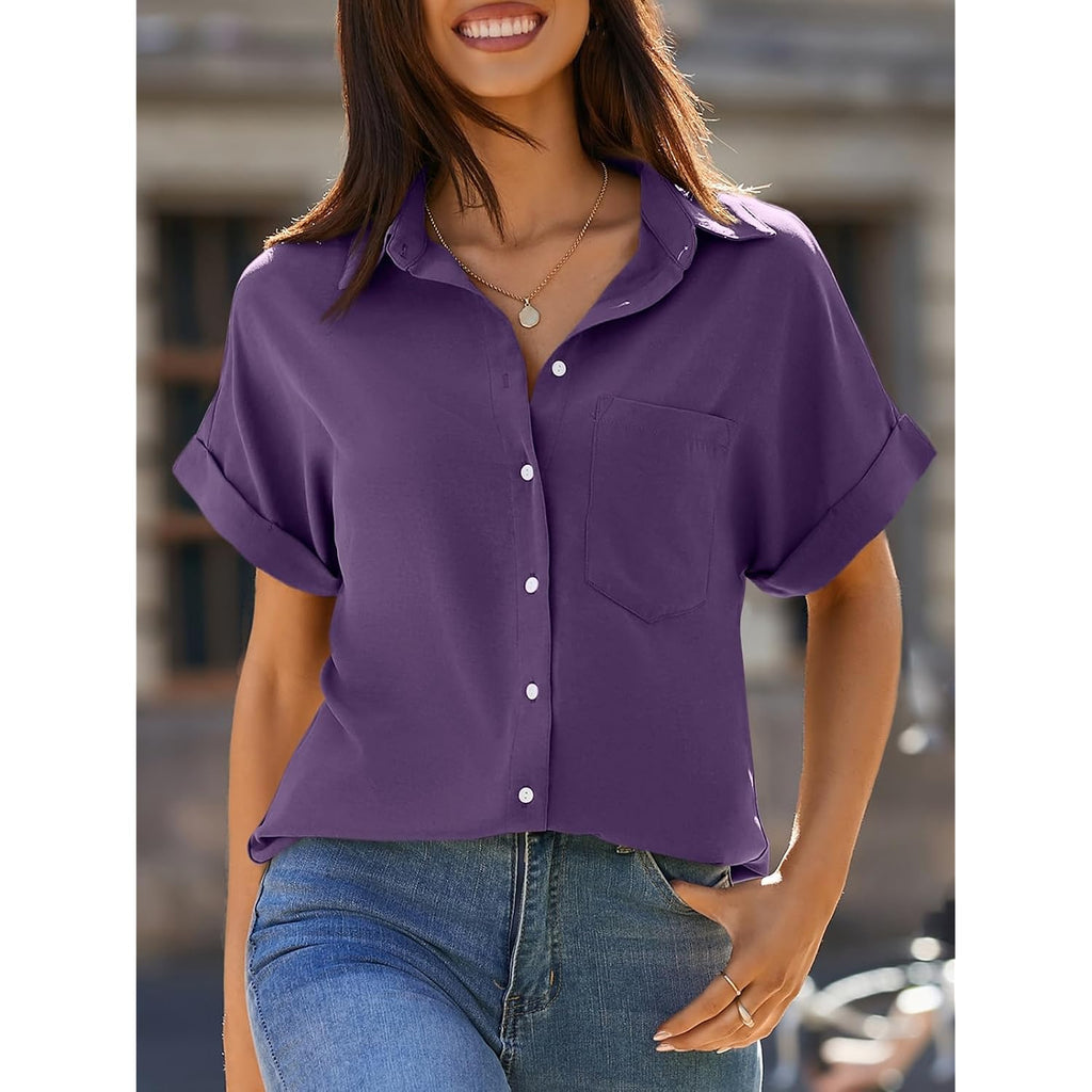 Beautife Button Down Shirts For Womens Short Sleeve Blouses V Neck Collared Casual Summer Tops With Pockets
