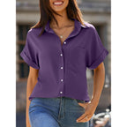 Beautife Button Down Shirts For Womens Short Sleeve Blouses V Neck Collared Casual Summer Tops With Pockets