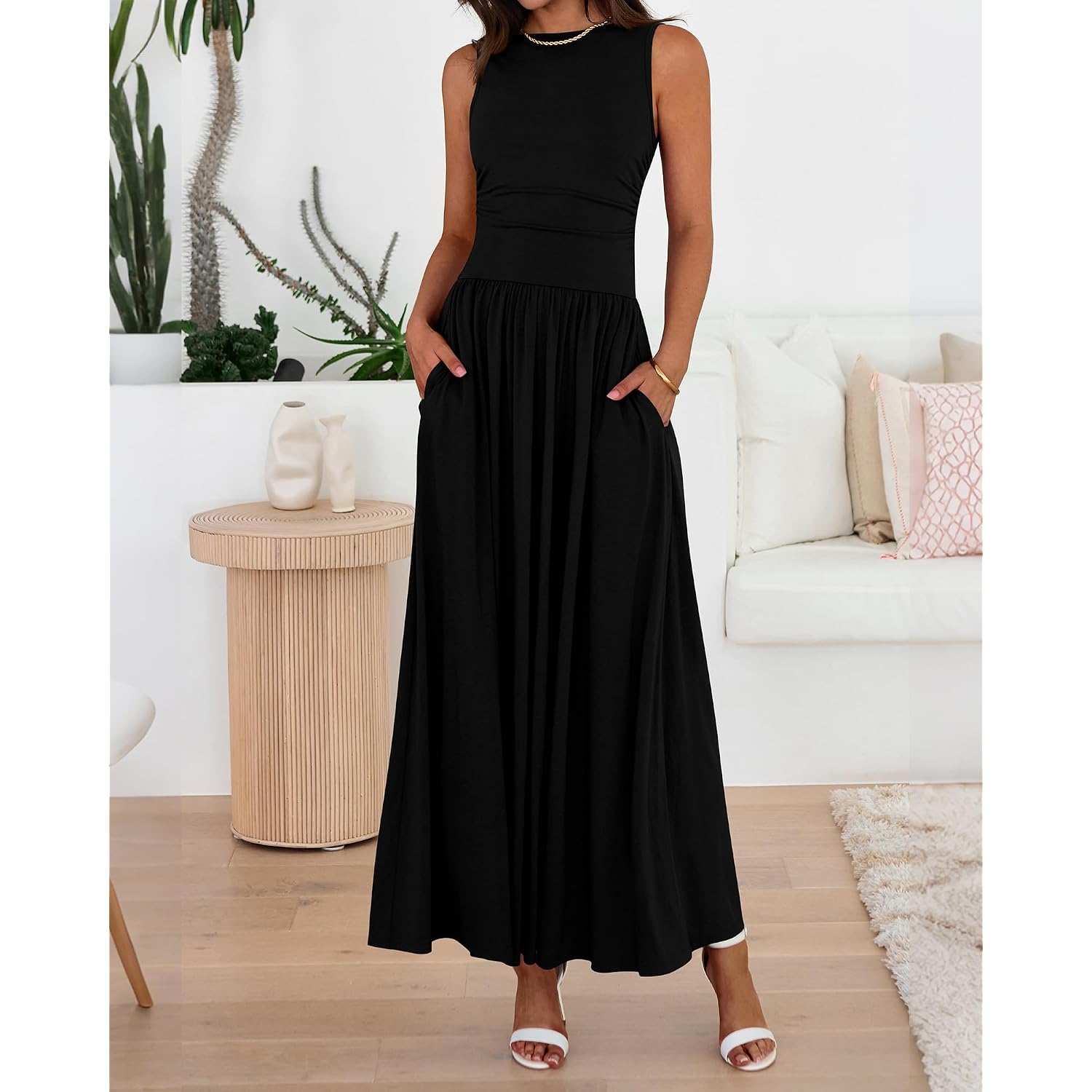 Btfbm Summer Maxi Dresses For Women 2026 Spring Sleeveless Casual Ruched High Waisted Long Sundress Flowy Beach Dress