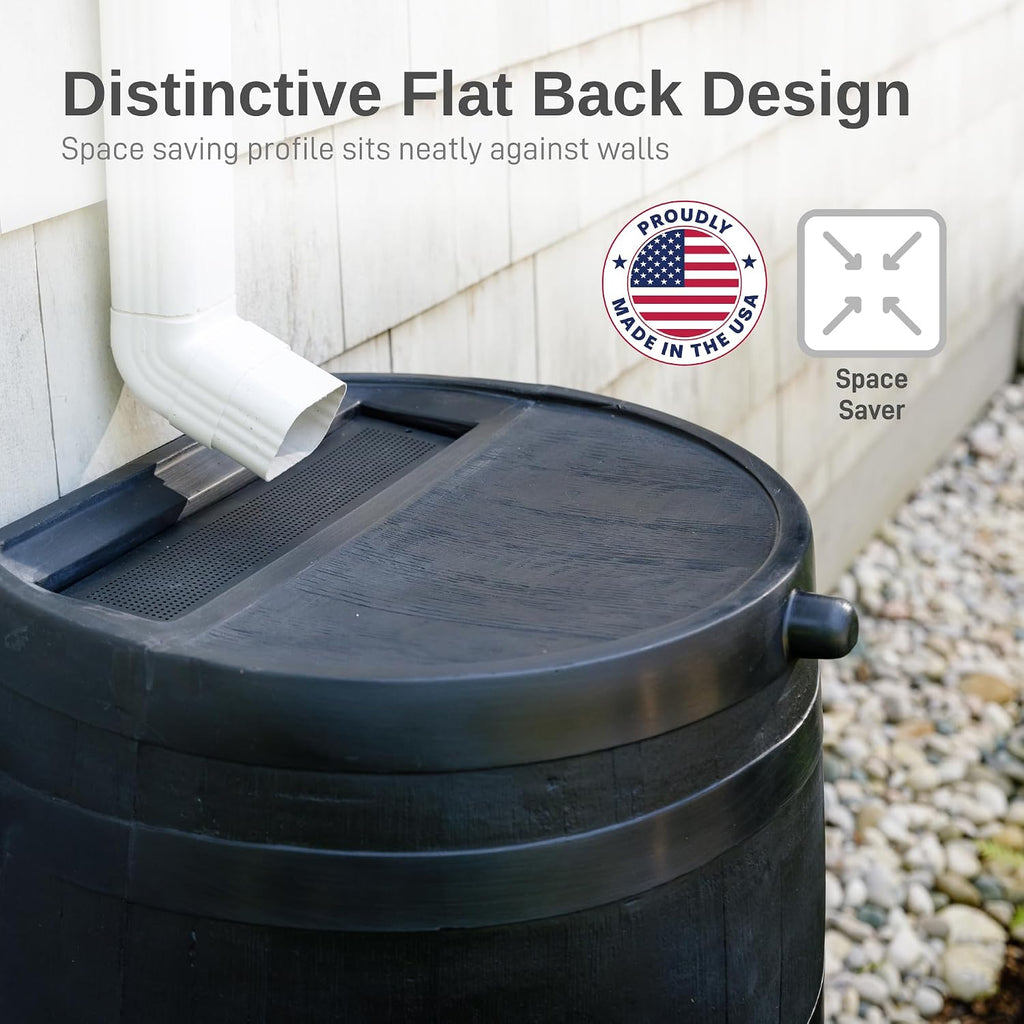 Rts Home Accents 50-Gallon Eco Rain Barrel Made With 100% Recycled Plastic, Flat Back Rain Water Collection Barrel, Black
