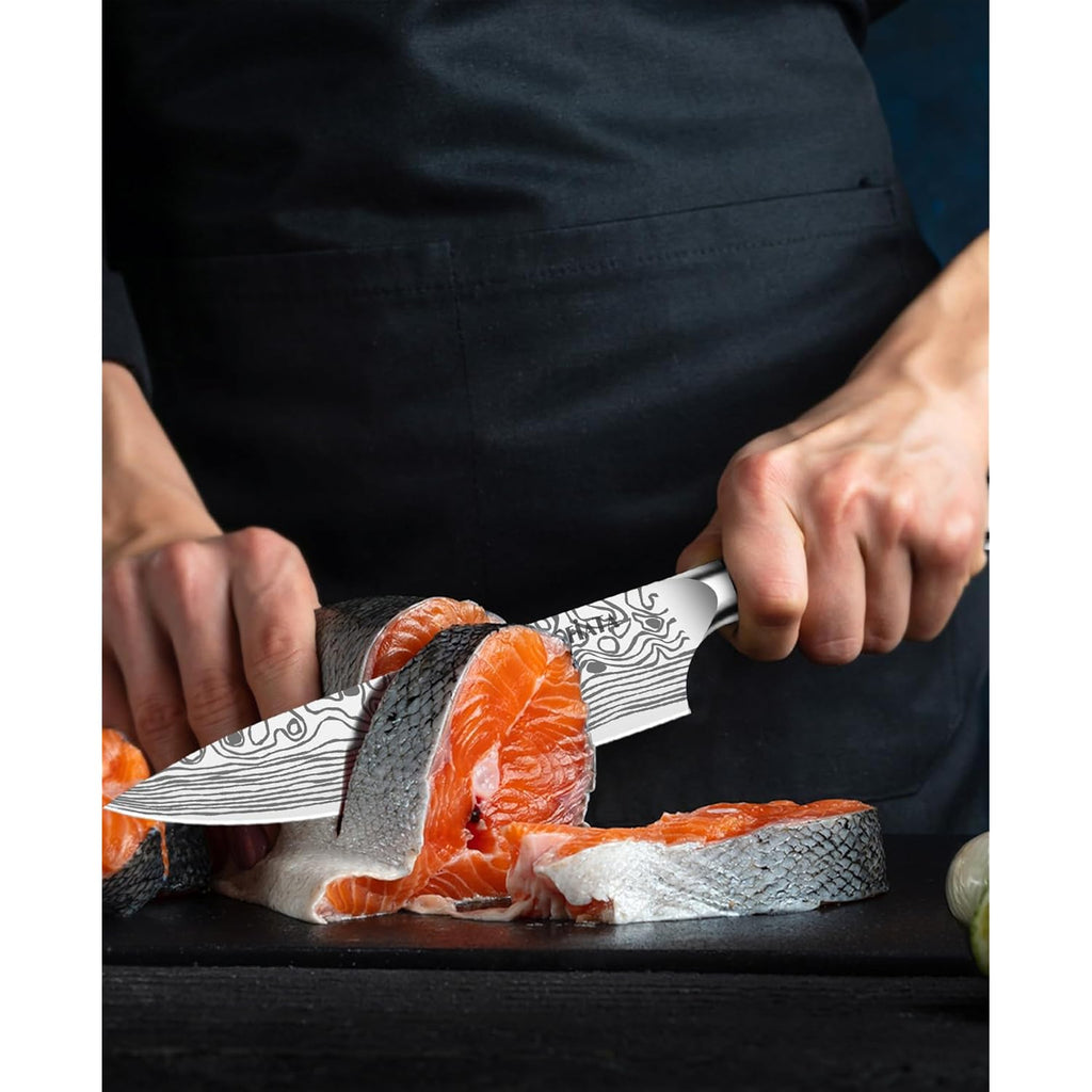 MOSFiATA 8" Super Sharp Professional Chef's Knife with Finger Guard and Knife Sharpener, German High Carbon Stainless Steel EN1.4116 with Micarta Handle and Gift Box
