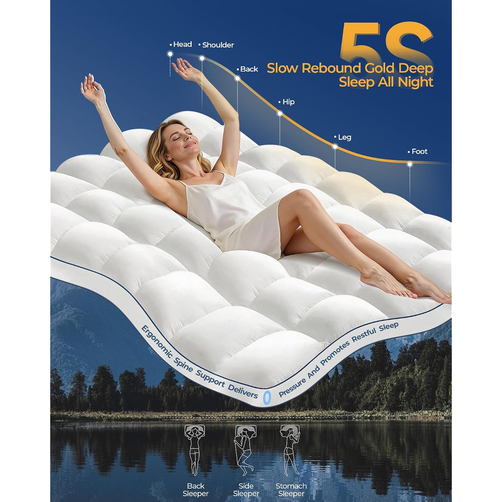 Kayfia Full Mattress Topper, Thick Mattress Pad For Back Pain Relief, White