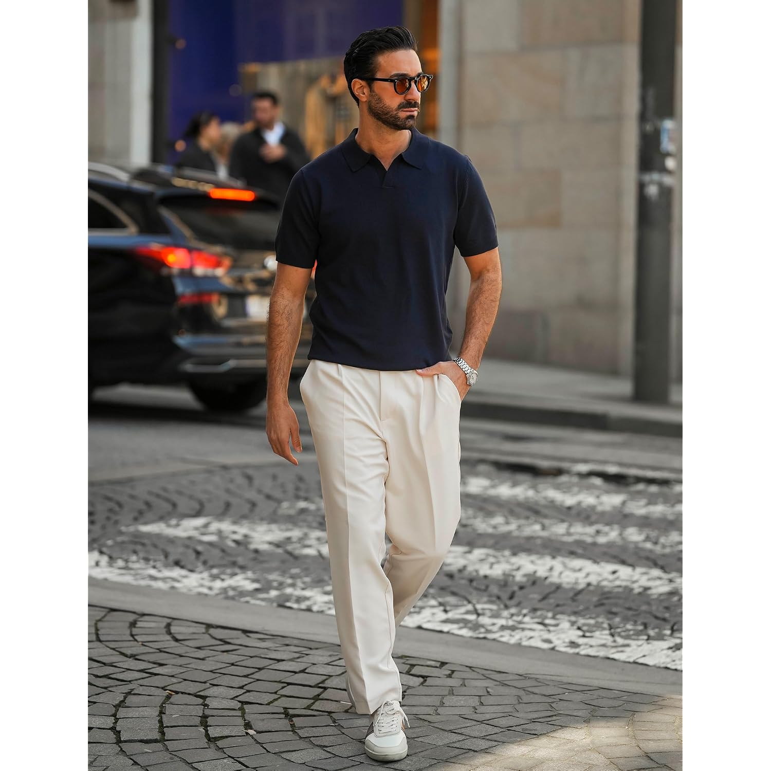 Coofandy Men'S V Neck Short Sleeve Stretch Knit Polo Shirt