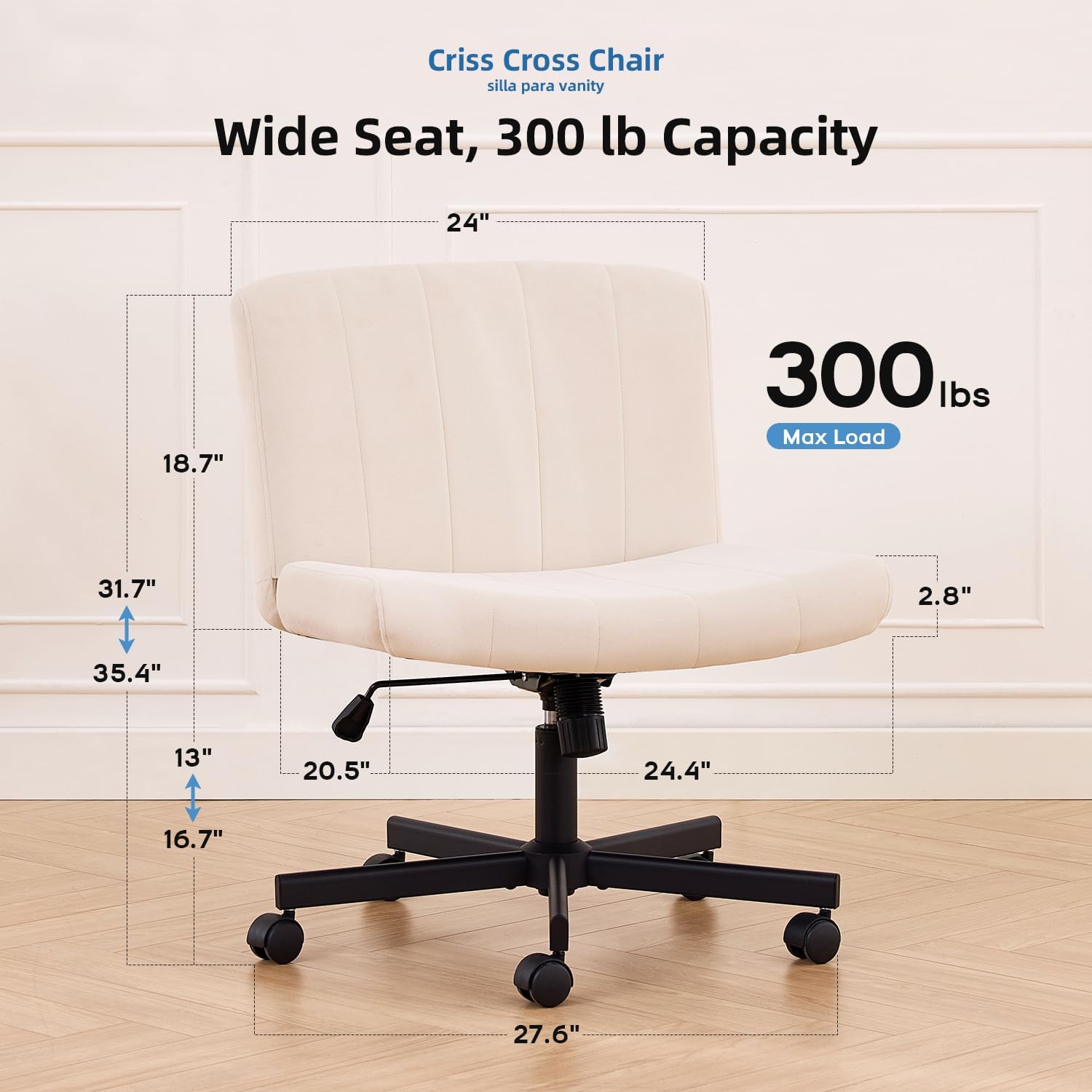 Amseatec Criss Cross Chair, Wide Cross Legged Desk Chair With Wheels, Comfy Fabric Vanity Chair For Home Office, Adjustable Armless Swivel Task Chair With 90–115°Tilt（300Lbs/Beige）