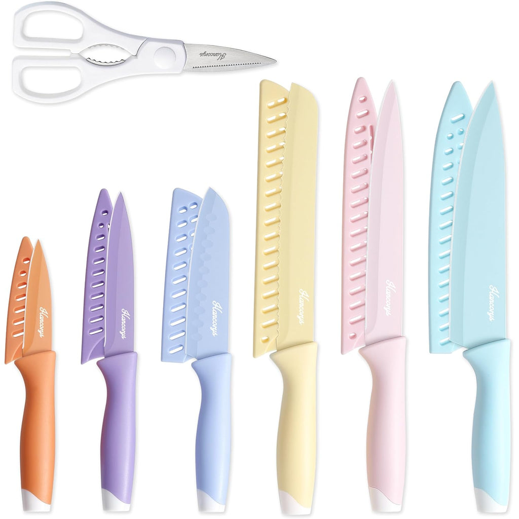 Knife Set, 13 PCS Kitchen Knives Set with Nonstick Ceramic Anti-Rust Coating, Stainless Steel Chef Knife Sets with 6 Blade Guards, Dishwasher Safe, House Warming Gifts New Home