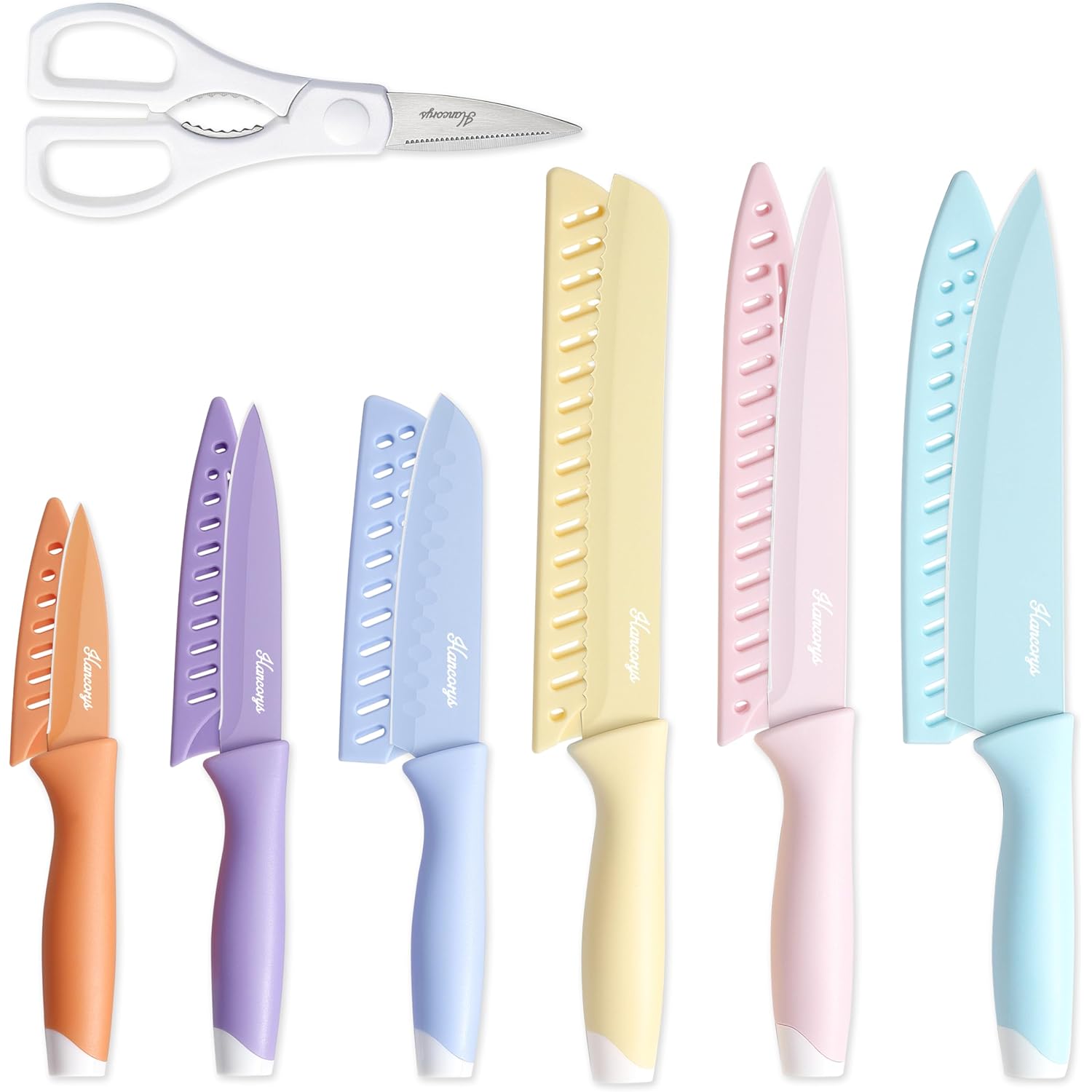 Knife Set, 13 PCS Kitchen Knives Set with Nonstick Ceramic Anti-Rust Coating, Stainless Steel Chef Knife Sets with 6 Blade Guards, Dishwasher Safe, House Warming Gifts New Home