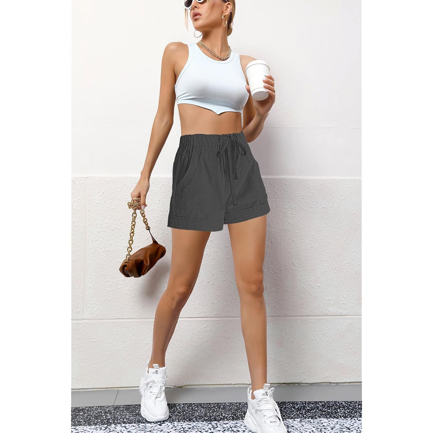 Womens Shorts Drawstring Dressy Casual Elastic Waist Trendy Summer Athletic Comfy Ladies Cotton Shorts with Pockets