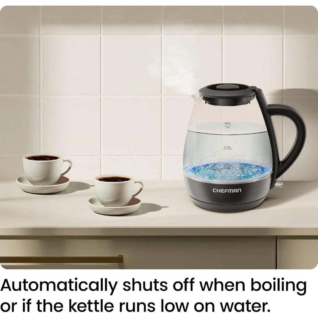 Chefman Electric Kettle with Tea Infuser, Compact 1L (4 Cups), 1500W, Removable Lid for Easy Cleaning, Boil-Dry Protection, Stainless Steel Filter, BPA Free, Auto Shut Off, Small Electric Tea Kettle