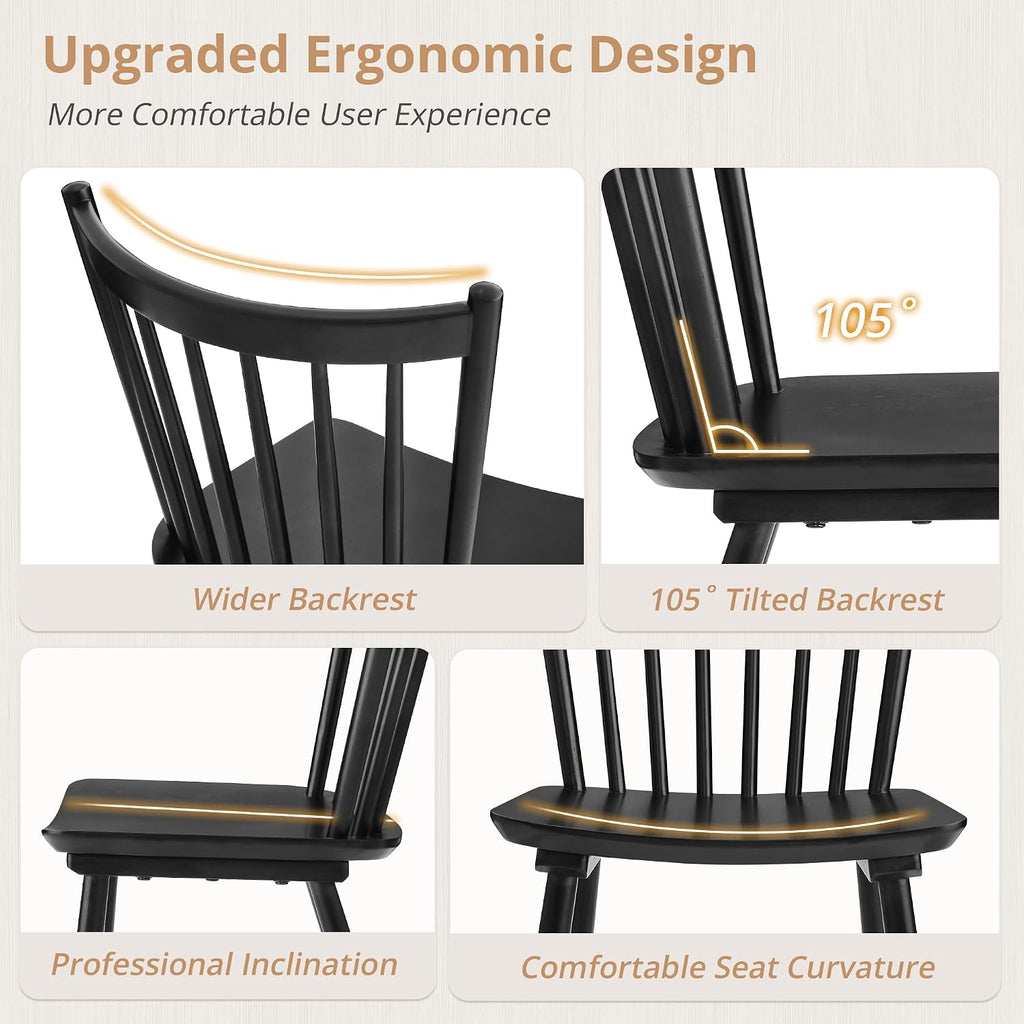 Lue Bona Upgraded Dining Chairs Set Of 4, Farmhouse Wooden Spindle Back Kitchen Chairs, Windsor Dining Chairs For Kitchen And Dining Room, Black