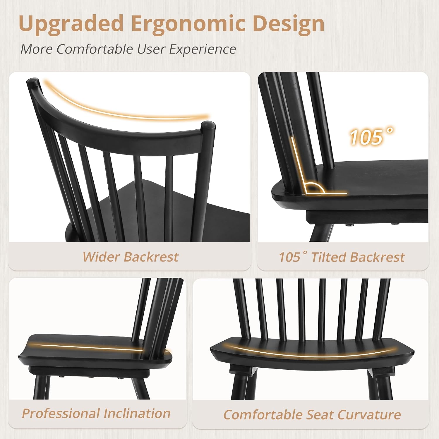 Lue Bona Upgraded Dining Chairs Set Of 4, Farmhouse Wooden Spindle Back Kitchen Chairs, Windsor Dining Chairs For Kitchen And Dining Room, Black
