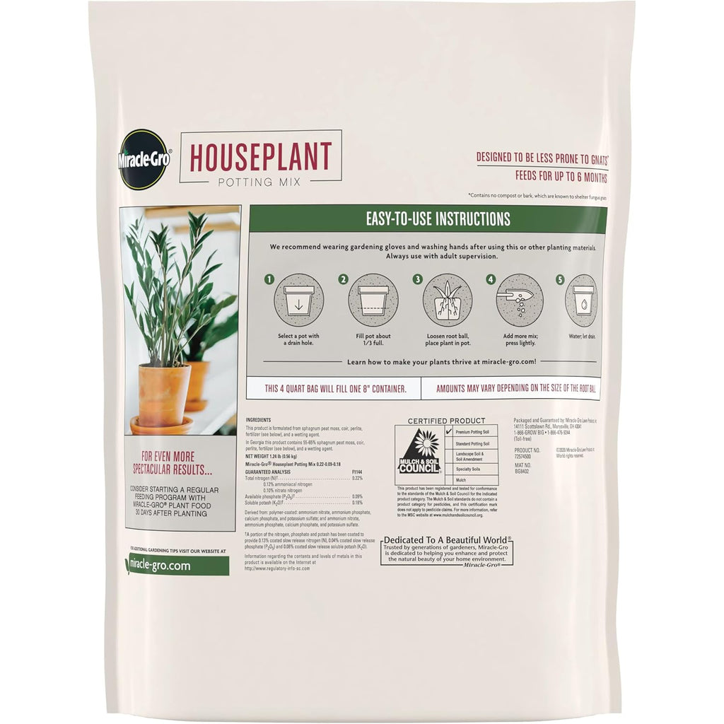 Miracle-Gro Houseplant Potting Mix, 4 Qt. | Fertilized, Perlite Soil For Indoor Gardening, Designed To Be Less Prone To Gnats