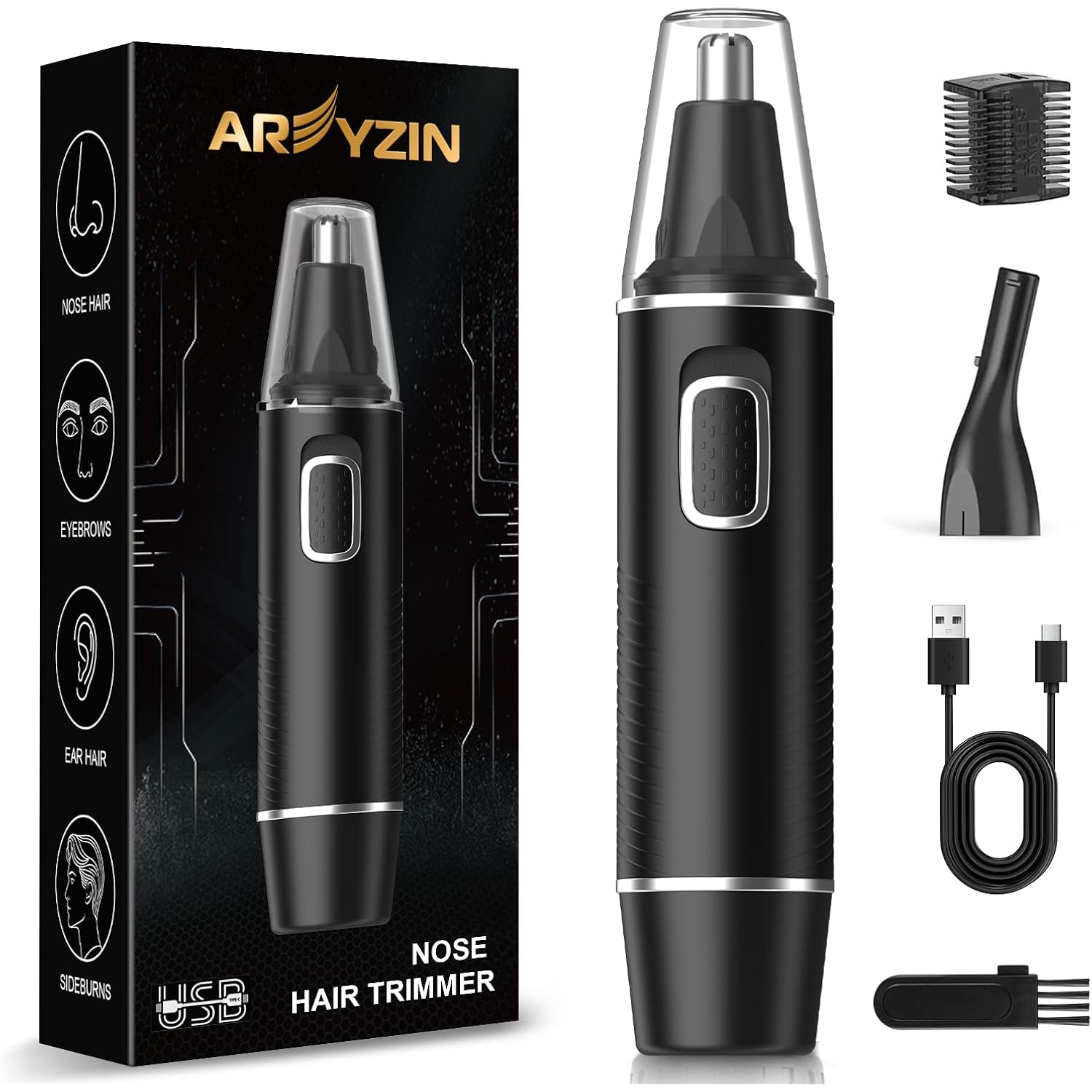 AREYZIN Nose Hair Trimmer for Men,Rechargeable Ear and Nose Trimmer,2026 Professional 2 in 1 Painless Eyebrow & Facial Hair Trimmer with IPX7 Waterproof Dual Edge Blades (Black)