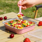 (35-Pack) Pink 8x8 Inch Disposable Aluminum Pans with Plastic Lids,Stickers and Cake Spoons,Square Cake Pans for Parties,Baking Trays,Foil Pans for Holiday Cooking, Parties Meal Prep, Storage