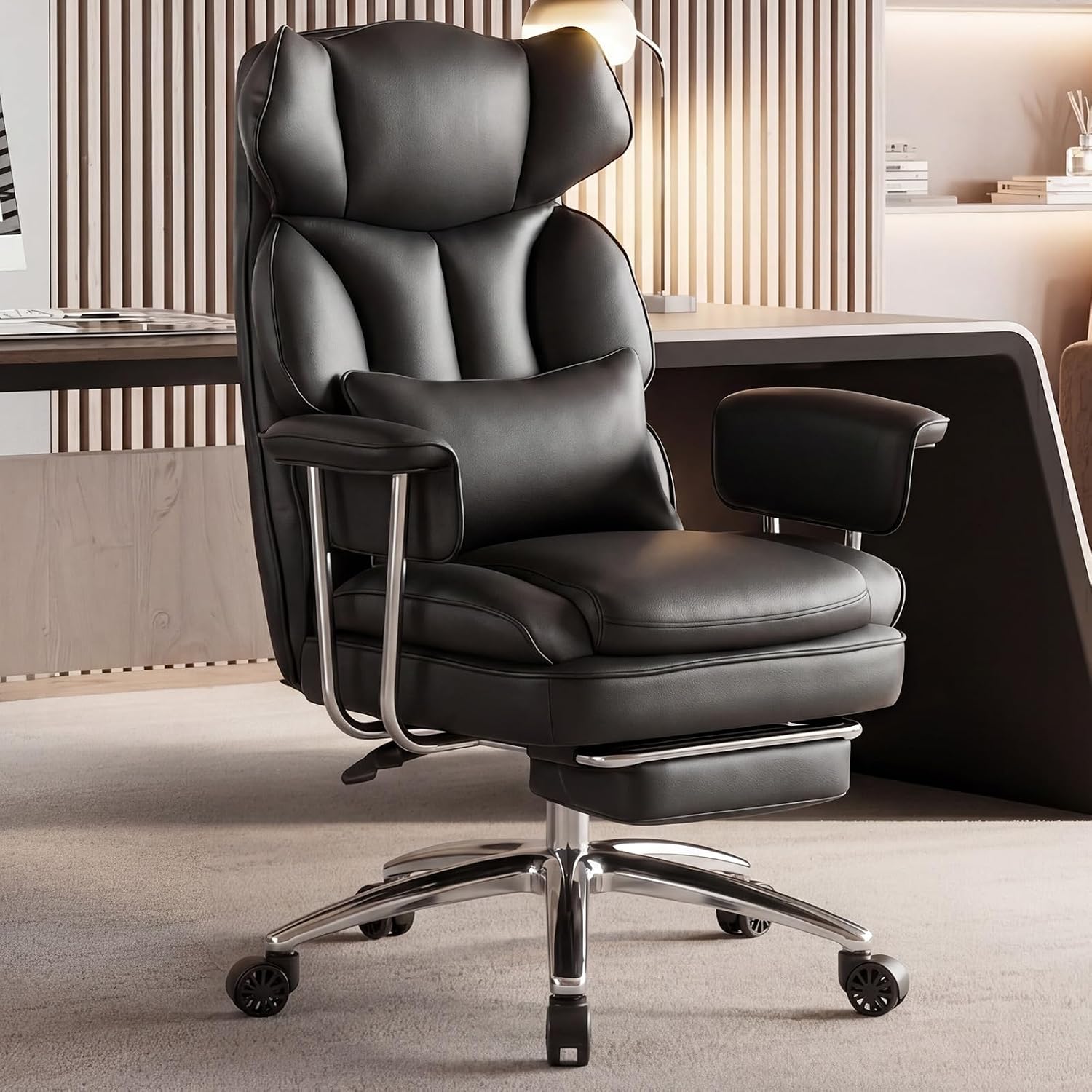 Dumos Home Office Desk Executive Chair - Ergonomic Big Tall High Back With Footrest & Lumbar Support, Reclining Height Adjustable, Comfy Pu Leather Computer Gaming With Swivel Wheels, Black