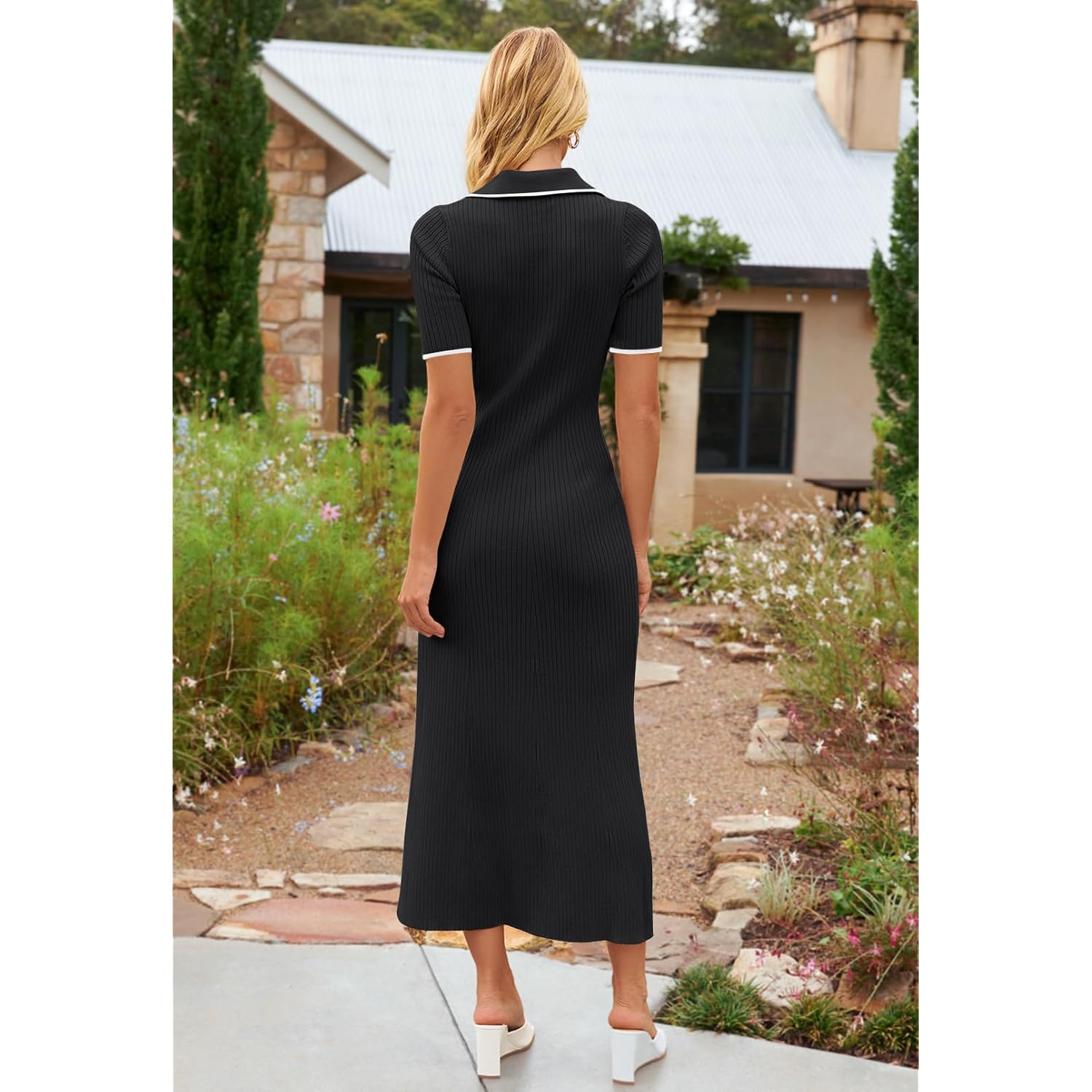 Merokeety Women'S Spring Summer Ribbed Maxi Dress 2026 Bodycon V Neck Button Short Sleeve Slim Fit Knit Sweater Dresses