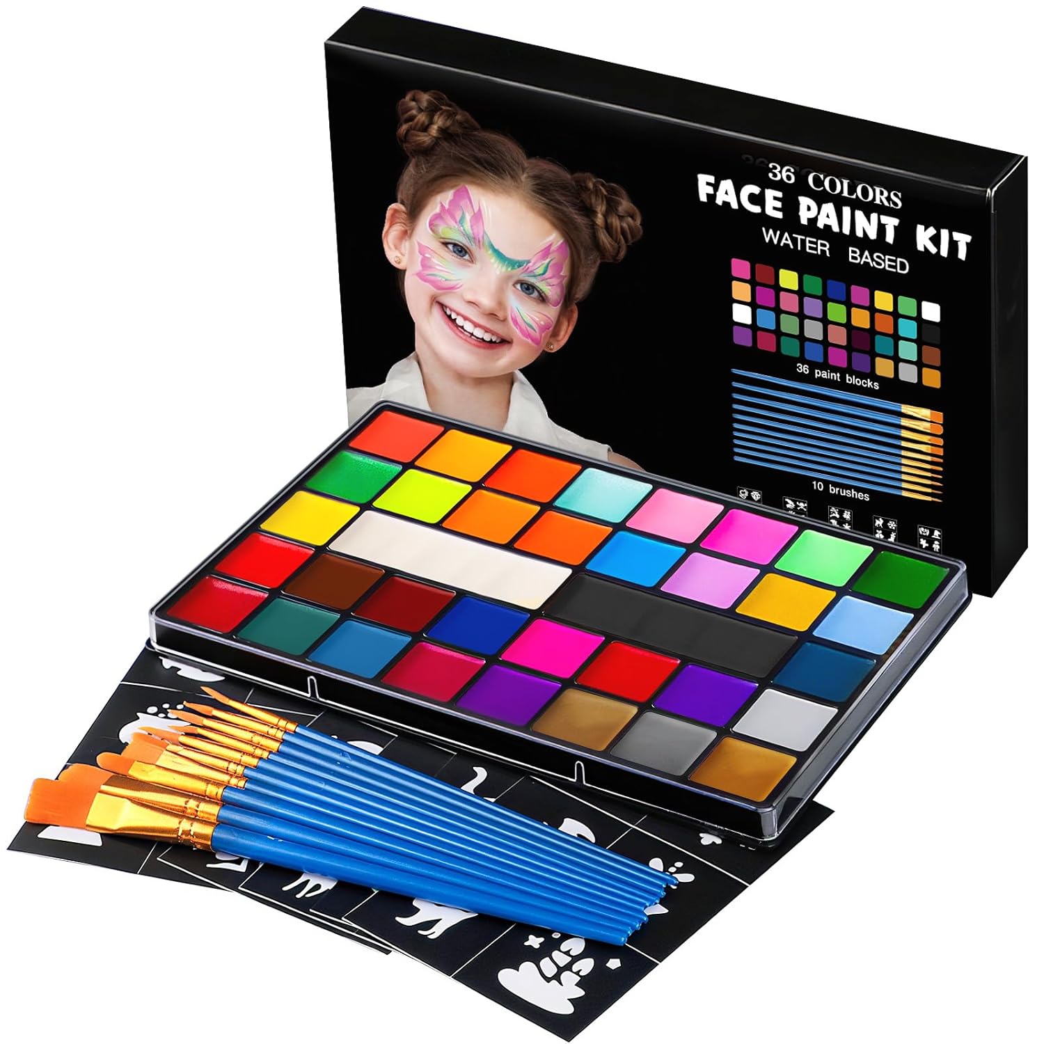 Face Painting Kit for Kids, 36 Colors Water Activated Face Paint with Brushes & Stencils, Non-Toxic Halloween Makeup Kit, Professional Face Body Paint for Halloween, Parties, Carnival, School Events