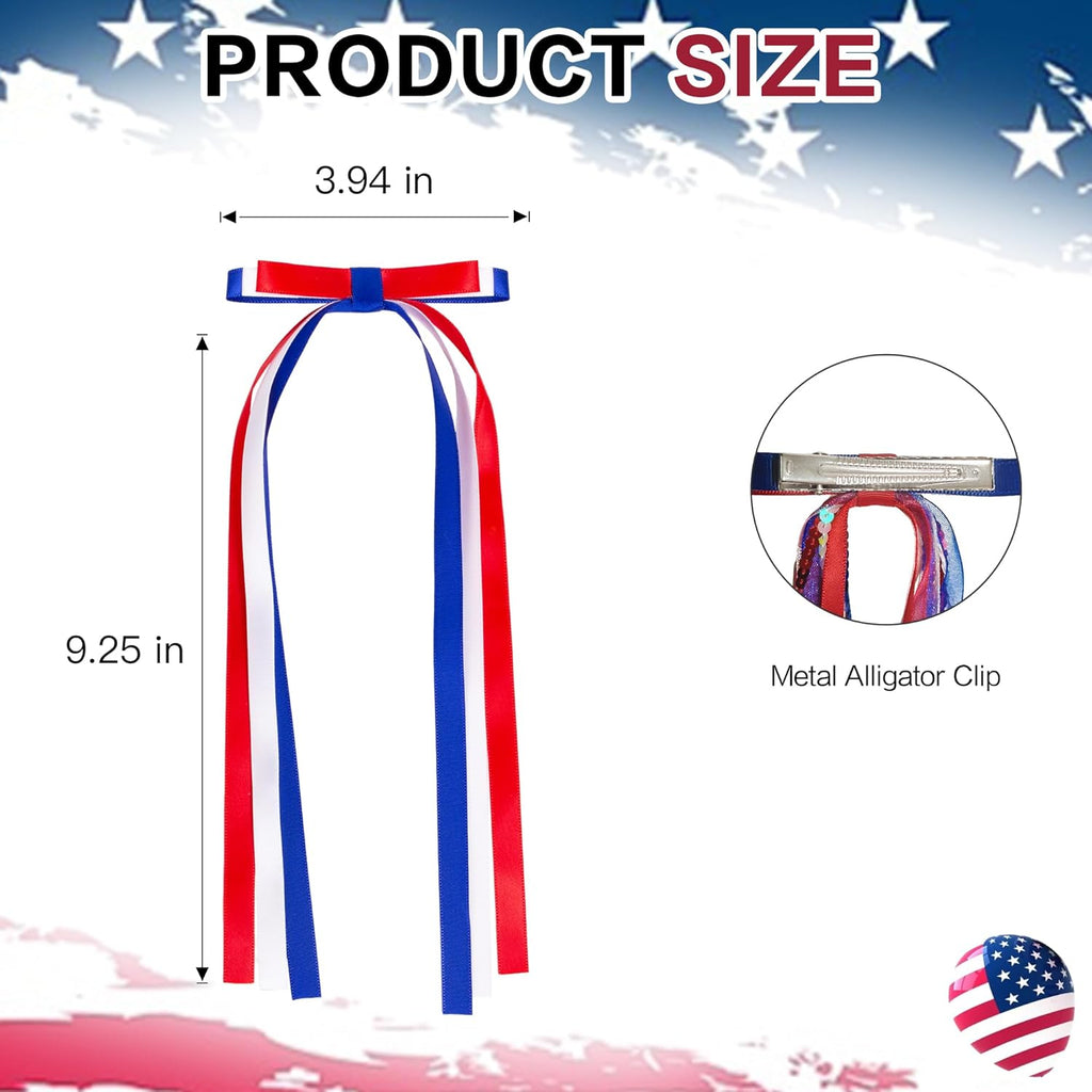 4th of July Hair Bow Clips, 2 Pack Red White Blue Long Tail Ribbon Hair Bows, Patriotic Hair Accessories for 250th America Independence Day, Parade & Fireworks Party Supplies