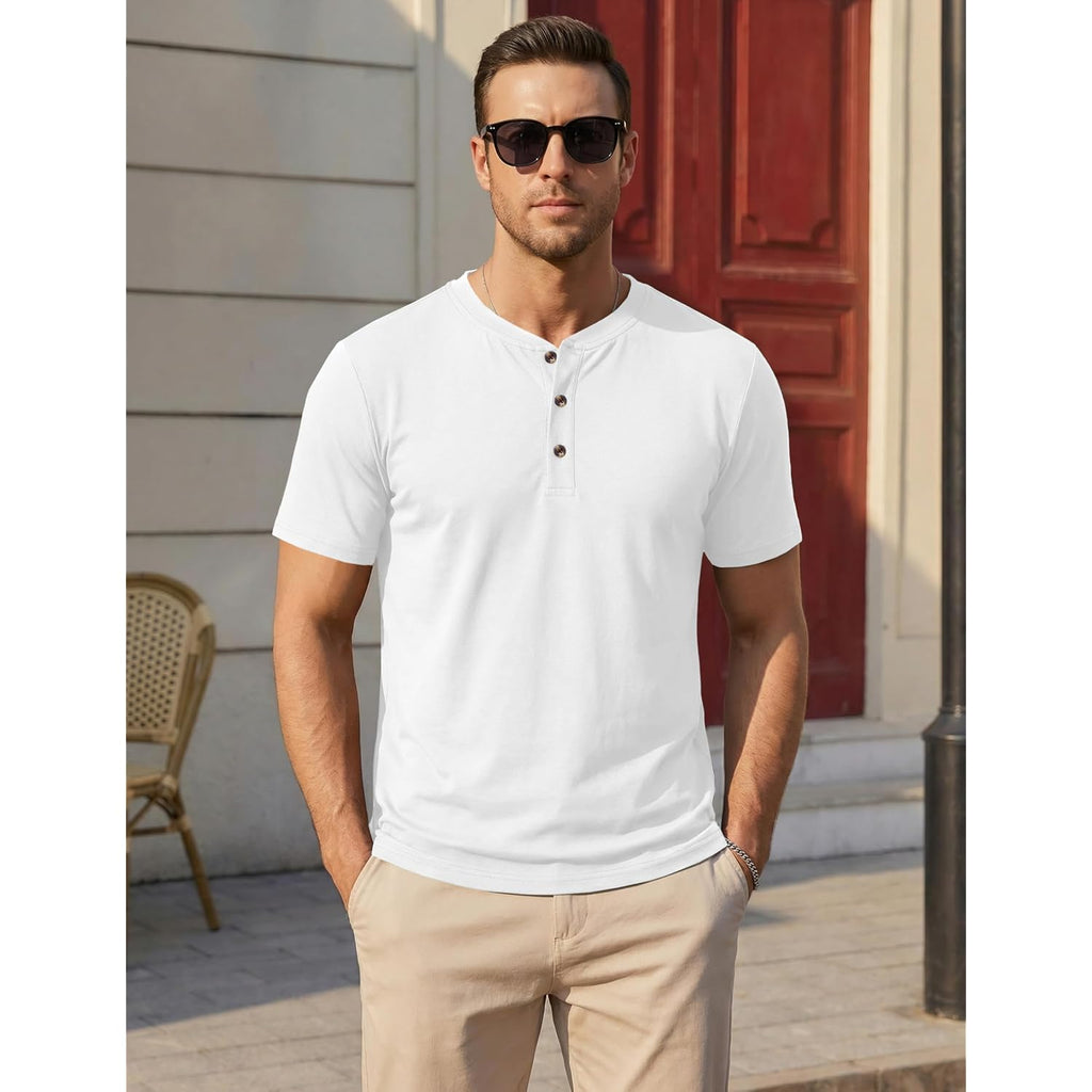 Magnivit Mens Henley Shirts Short Sleeve Cotton Casual Summer Basic T-Shirts 3 Button Solid Collarless Shirts For Work
