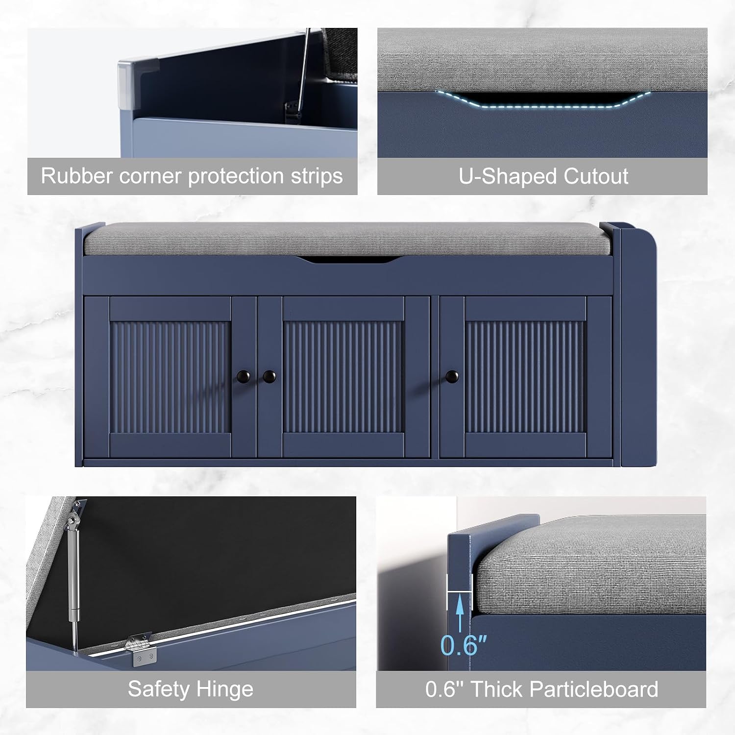 42.6" Storage Bench - Shoe Storage Bench With Side Storage Shelves And 3 Doors, Multifunctional Entryway Bench With Lift Top Cushion, Shoe Bench For Bedroom, Living Room, Entryway, Navy Blue