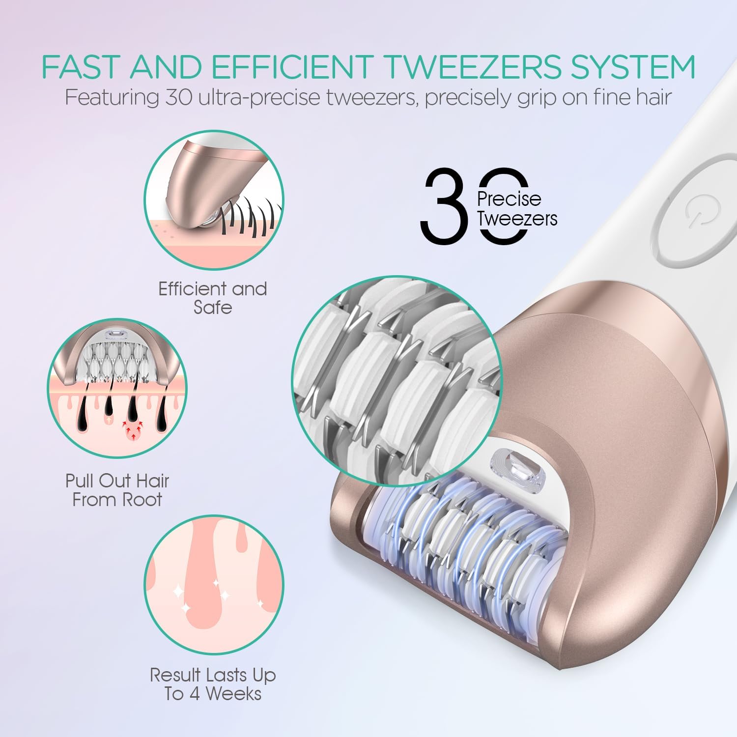 VOYOR Epilator for Women, 3 in 1 Epilator Hair Removal for Women, Epilators Hair Remover for Leg Arm with 30 Tweezers, Rechargeable & Cordless Electric Lady Shaver & Trimmer BM300 (Champagne Gold)