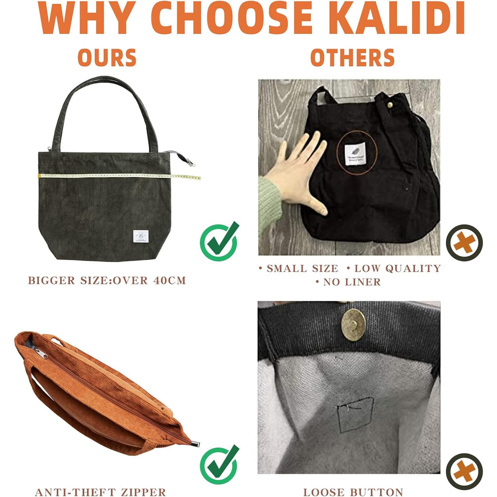 KALIDI Women Corduroy Tote Bag Zipper Casual Tote's Handbag Big Capacity Shoulder Bag with Pockets